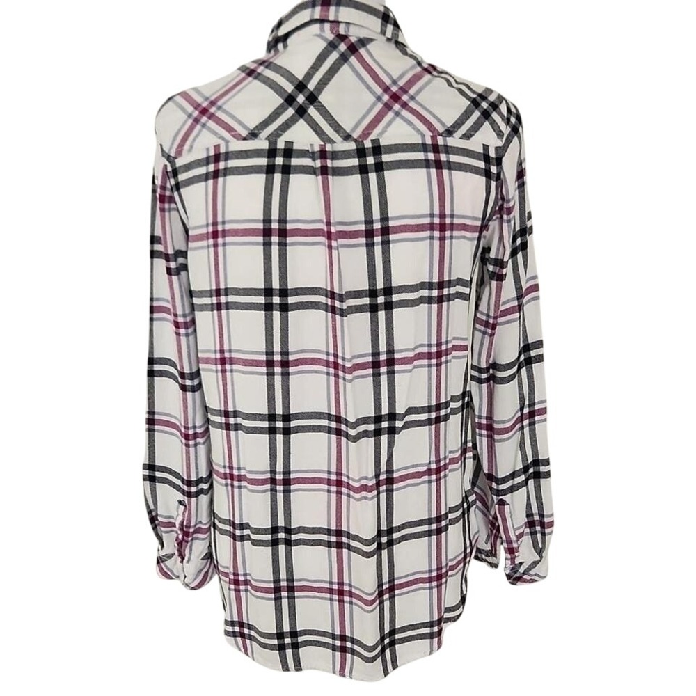 Beach lunch lounge Women's Purple & Black Wht plaid rayon "Flannel" blouse. M - Picture 6 of 9